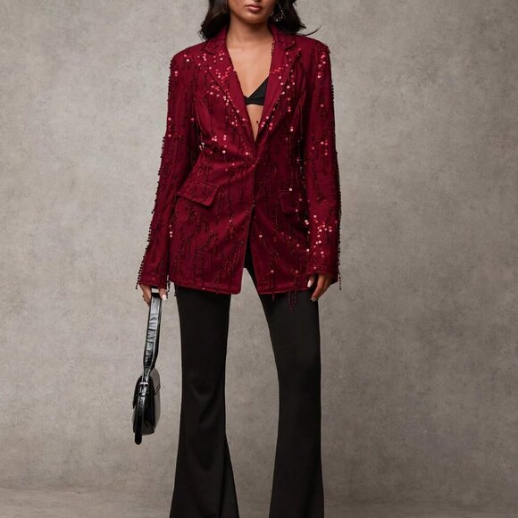 burgundy Party Women's Sequin Patchwork Lapel Neck Long Sleeve Blazer Jacket - Picture 4 of 7